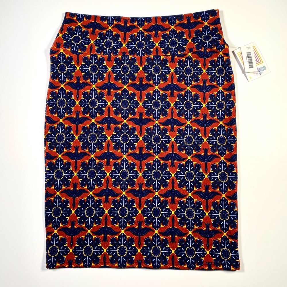 LuLaRoe CASSIE Pencil Skirt Red Blue Yellow Tiles